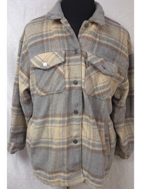 RSQ Urban Outfitters Womens XL Gray Beige Plaid Flannel Button Pockets Shacket